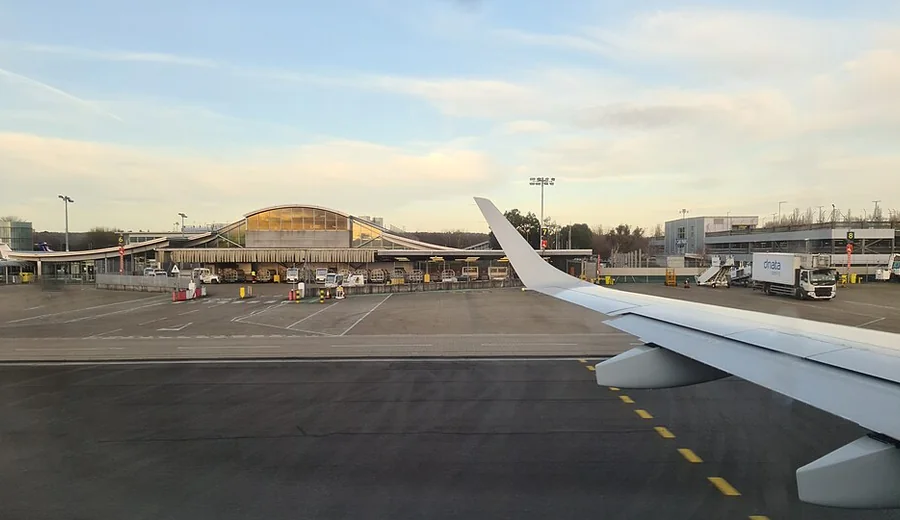 Aircraft wing and terminal building at Southampton Airport