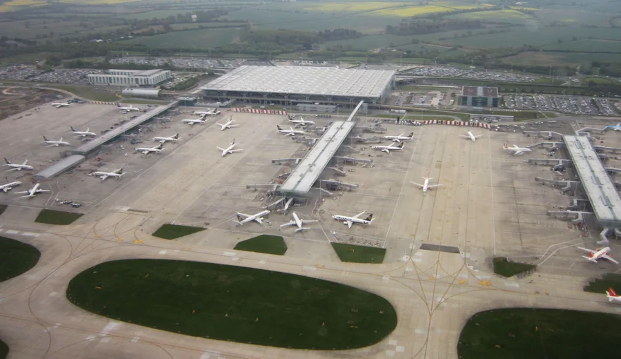 Aerial view of London Stansted Airport and its terminal