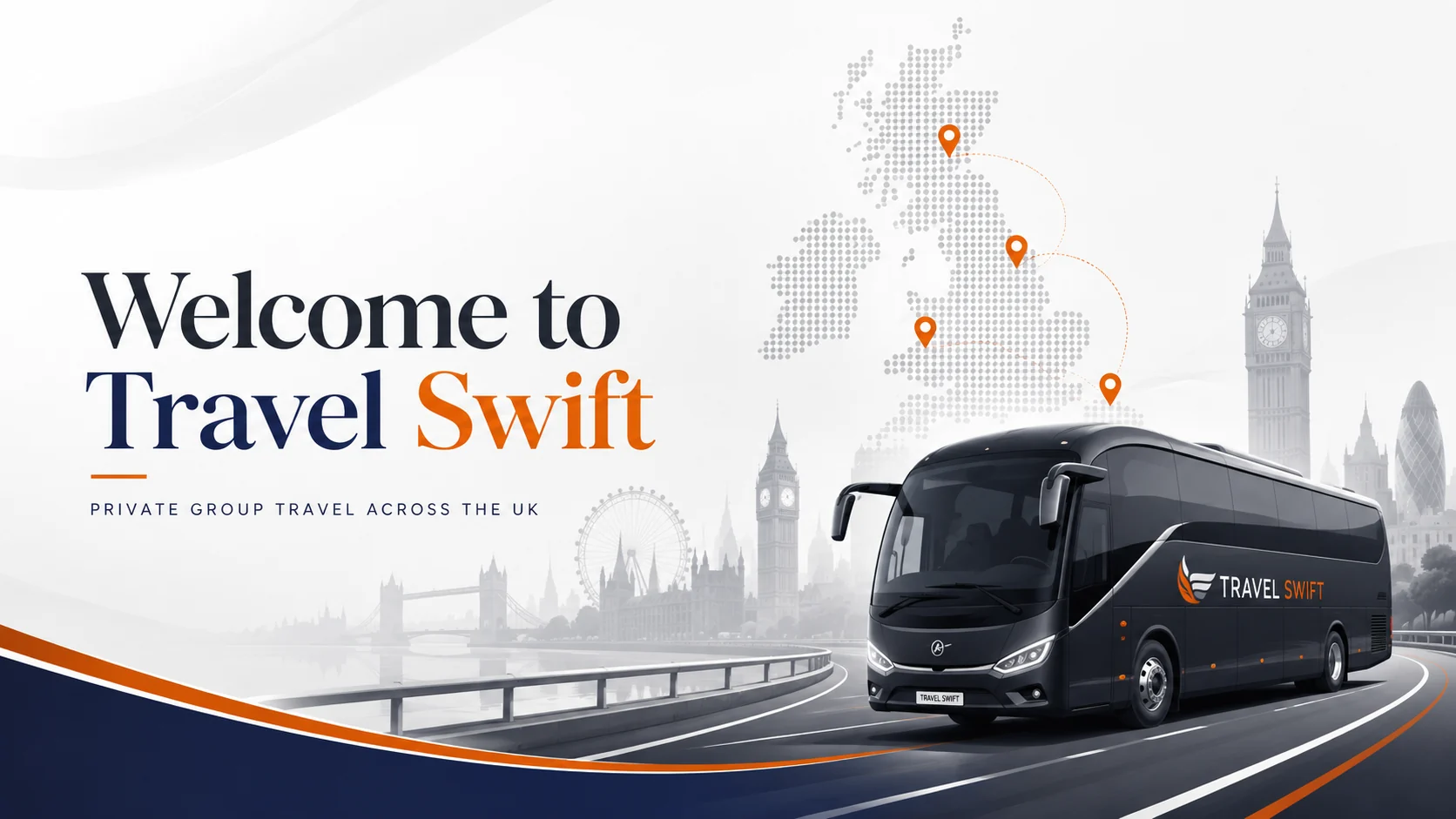 Travel Swift coach and UK landmarks introducing private group transport